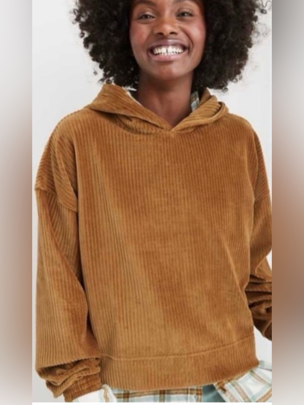Aerie Groove-On Wide Ribbed Velour Cropped Hoodie Sz S slouchy cozychic